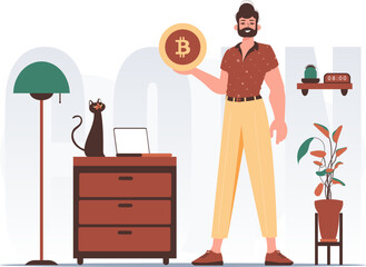 Cryptocurrency concept. A man holds a bitcoin coin in his hands. Character in modern trendy style.