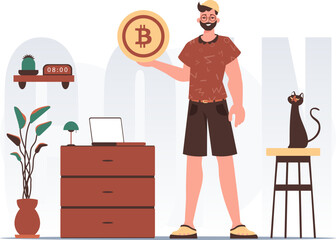 Cryptocurrency concept. A man holds a bitcoin in the form of a coin in his hands. Character in trendy style.