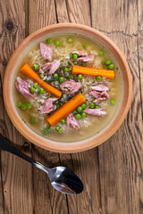 smoked meat soup with vegetables and rice