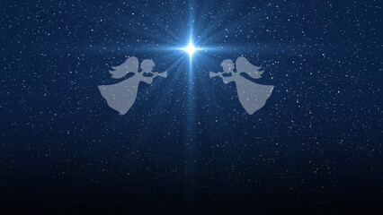 Christmas star and angels, Nativity of Jesus Christ. Background of the beautiful dark blue starry sky and bright star.