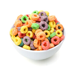 Delicious and nutritious fruit cereal loops flavorful on white background, healthy and funny addition to kids breakfast