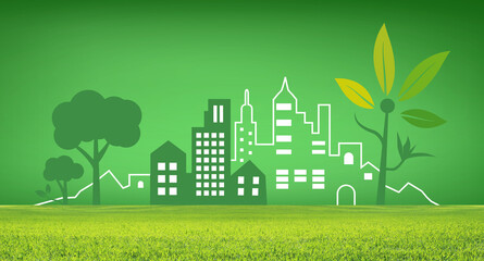 Ville verte, concept de ville écologique dessin au trait, rénovation énergétique de maison et bâtiment public.