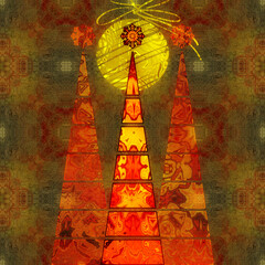 art three christmas tree and ball in gold and red colors with abstract floral  pattern on gold, green and red vintage background  with space for text