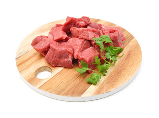 Raw beef meat isolated on wooden board on white