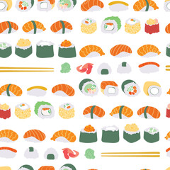 Sushi rolls pattern seamless. Traditional Japanese food background. Vector texture