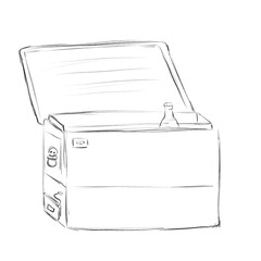 Small portable refrigerator for camping with a bottle inside, pencil sketch illustration