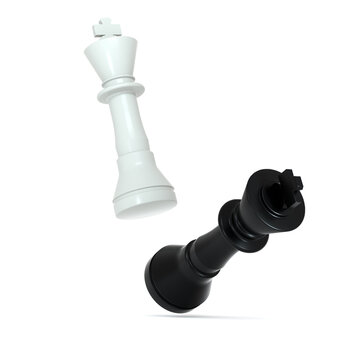 White Chess king captures enemy Black king. Chess battle Chess pieces opponents. Check mate. Isolated on white. 3D render. Clipping path included.
