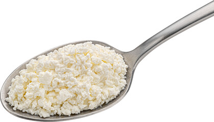Cottage cheese in spoon isolated, top view