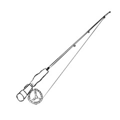 Long fishing rod with big reel, pencil sketch illustration
