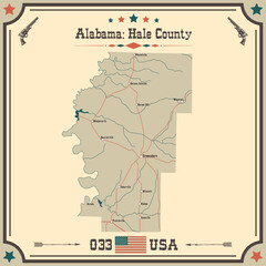 Large and accurate map of Hale county, Alabama, USA with vintage colors.