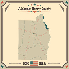 Large and accurate map of Henry county, Alabama, USA with vintage colors.
