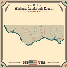 Large and accurate map of Lauderdale county, Alabama, USA with vintage colors.