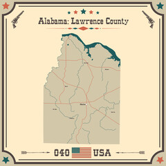 Large and accurate map of Lawrence county, Alabama, USA with vintage colors.