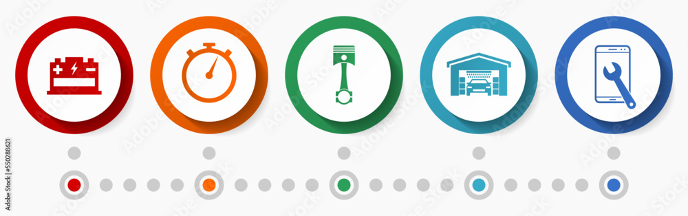 Poster workshop vector icon set, car service concept flat design buttons, mechanic infographic template