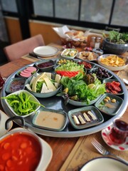 Delicious, natural, traditional breakfast on the table. Village breakfast.
