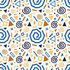 Festive seamless pattern with gold and blue doodles, swirls, stars, geometric elements