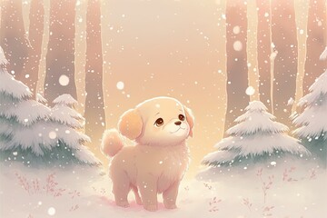 Cute anime puppy  in kawaii style, winter forest, pastel glow	