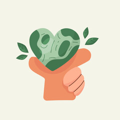 Save Earth Ecology poster with hand holding Globe. Protecting planet nature concept. Poster about care for nursery