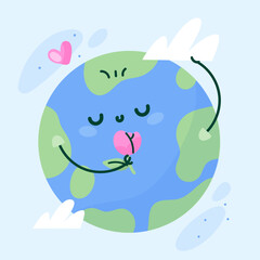Cartoon Earth ecology concept, save Planet poster square design, Globe smelling flower positive thinking 
