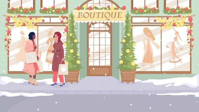 Animated xmas shopping illustration. Christmastime. Looped flat color 2D cartoon characters animation on decorated city street background. HD video with alpha channel. Tapestry Regular font used
