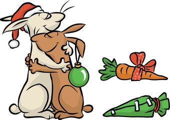 zwei niedliche Hasen umarmen sich liebevoll zur Bescherung an Weihnachten