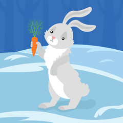 Gray hare in the snow holding a carrot