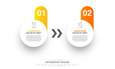 Vector infographics with 2 circles. Modern concept graphic process template with two steps and icons. Timeline for the business project on white background for app, chart, web, diagram