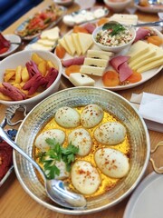 Delicious, natural, traditional breakfast on the table. Village breakfast.
