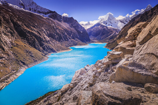 Turquoise Paron lake in Cordillera Blanca, snowcapped Andes, Ancash, Peru
