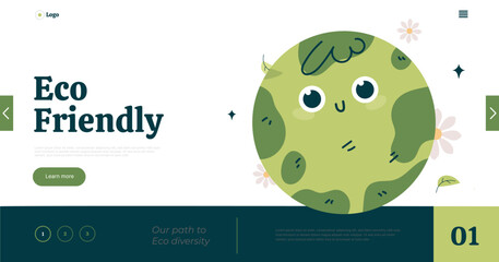 Cartoon Earth ecology web page concept, save Planet landing design,Cute Globe smiling with flowers.
