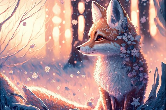 Anime fox in kawaii style with flowers, winter forest, pastel glow	
