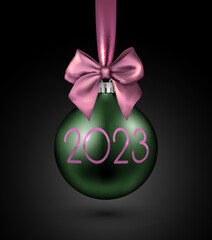 Hanging realistic Christmas bauble with bow and 2023 sign.