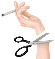 투명 배경의 가위로 담배든 손목을 자르는 일러스트레이션