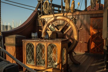 View of the details of the Spanish Galleon replica wooden ship - obrazy, fototapety, plakaty