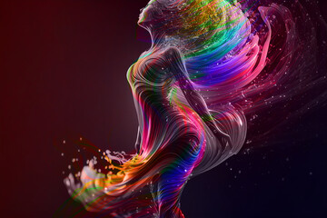 Generative AI illustration of an abstract silhouette of a woman shining in rainbow colors, infinite turbulence, fluorescent red colours comforting and relaxing design.