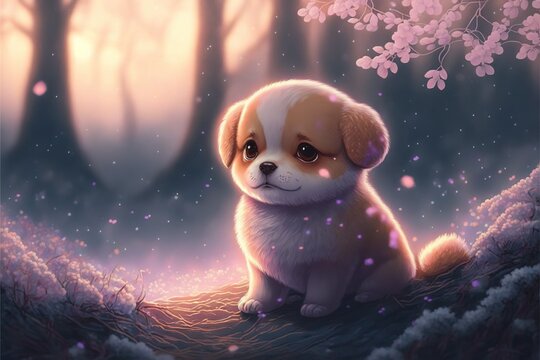 Premium Vector  A cute dog with a brown and white face is standing in  front of a purple background kawaii anime