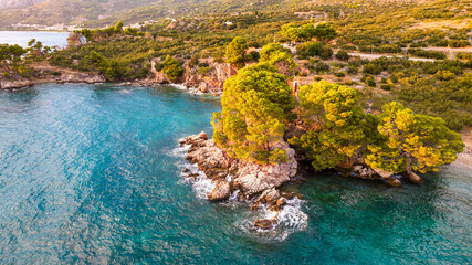 Fototapeta na wymiar Beautiful azure blue Mediterranean beach surrounded by green trees in Croatia