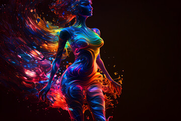 Generative ai illustration of an abstract silhouette of a woman shining in rainbow colors, infinite turbulence, fluorescent red colours comforting and relaxing design.