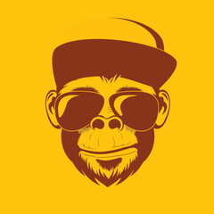 Monkey in sunglasses and a baseball cap on a bright background. Vector