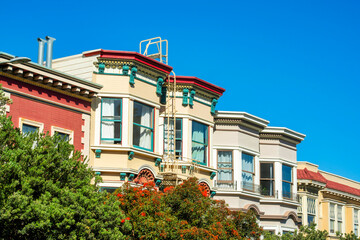 Fototapeta premium Row of historic houses in the downtown districts of San Francisco California in late afternoon sun with clear blue sky background