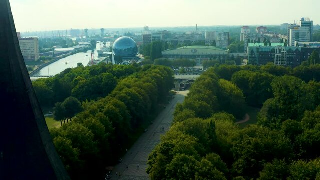 Aerial view of a Kaliningrad, former Koenigsberg, Kaliningrad Oblast, Russia, with Fishermen Village and Konigsberg Cathedral drone video