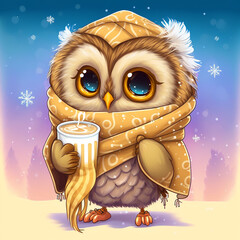 Fototapeta premium Cute tiny baby Owl holding cup of hot drink in winter wardrobe, winter time theme