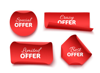 Collection of Offer Tags. Red Discount Labels. Vector Illustration