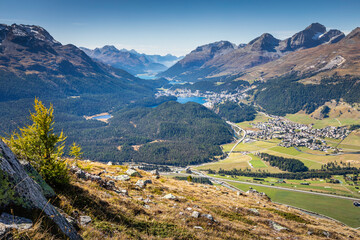 View Above St Moritz from Muottas Muragl of Upper Engadine, Graubunden, Switzerland