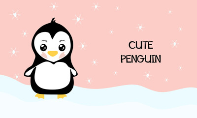 Cute penguin character. Cute and beautiful penguin under the snow, creative winter banner design. Snow in the form of hearts on a pink background. colored flat winter vector illustration