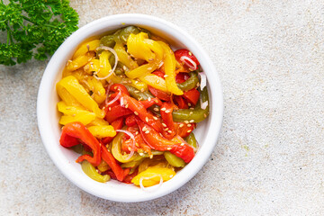spicy pepper salad pickled vegetable slices asian food ready to cook delicious snack healthy meal food snack on the table copy space food background rustic top view