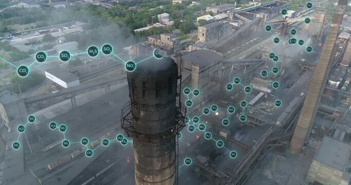 Hazardous chemicals fly out of the factory chimney, visualization process. Flight around the Pipe with dangerous emissions into the atmosphere. The concept of emissions into the atmosphere.