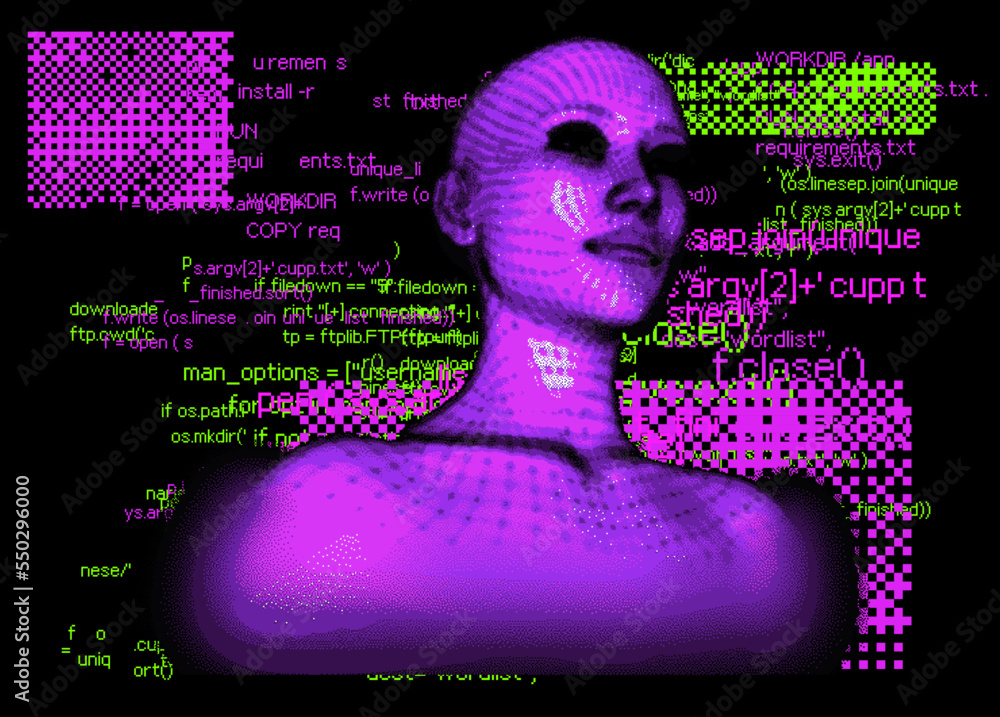 Poster 3D bald woman on a glitched and pixelated background. Concept of an artificial intelligence and machine learning.