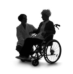 車椅子のシニア女性と会話する医師　シルエット