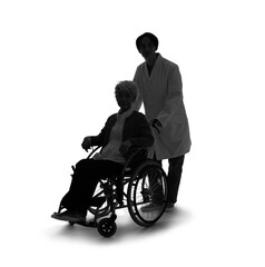 車椅子のシニア女性と介護する男性　シルエット